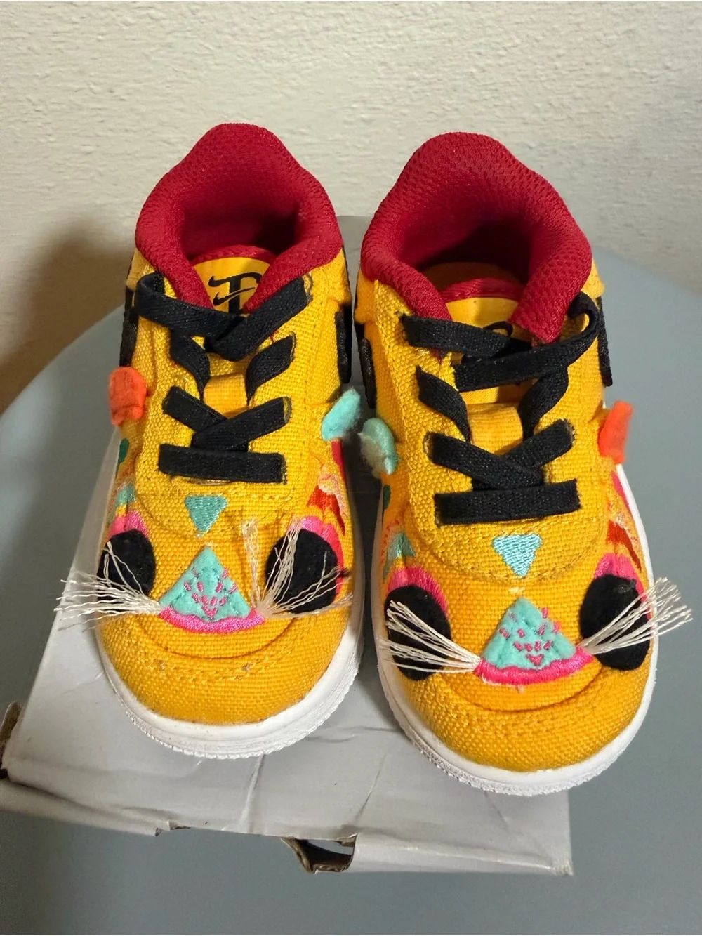 Nike Kids Yellow Cat Face Sneakers with Pink Lining